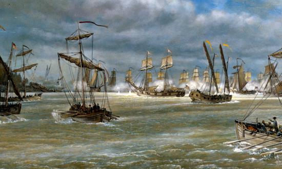 Battle of Valcour Island, naval engagement on Lake Champlain, 11 October 1776. Oil painting. 